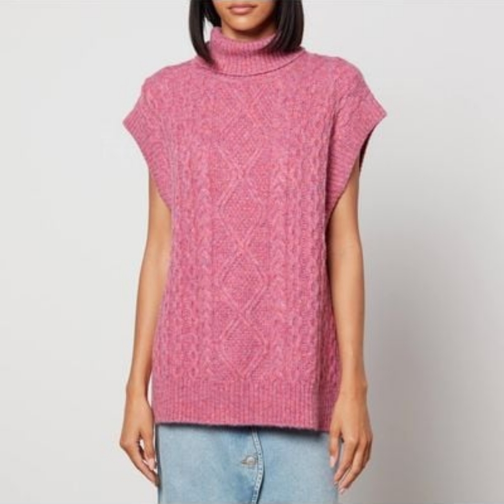 Pink High Neck Turtleneck Sleeveless Cable Knit Sweater